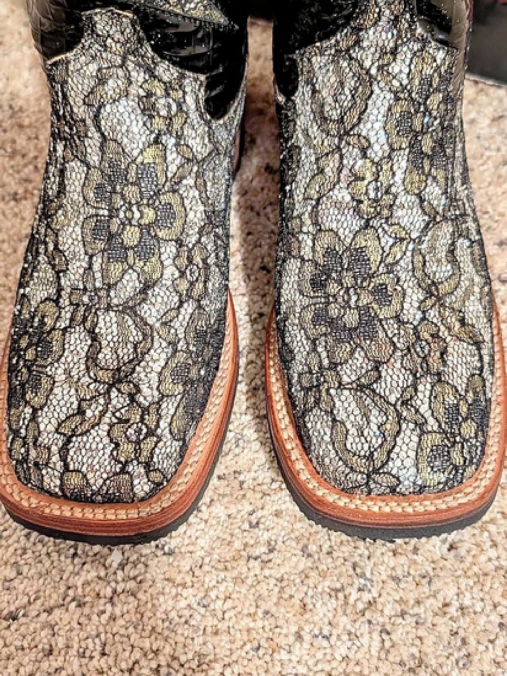 Ferrini Silver and Black Lace Floral Leather Cowgirl Boots Floral Western Ankle - Picture 4 of 9